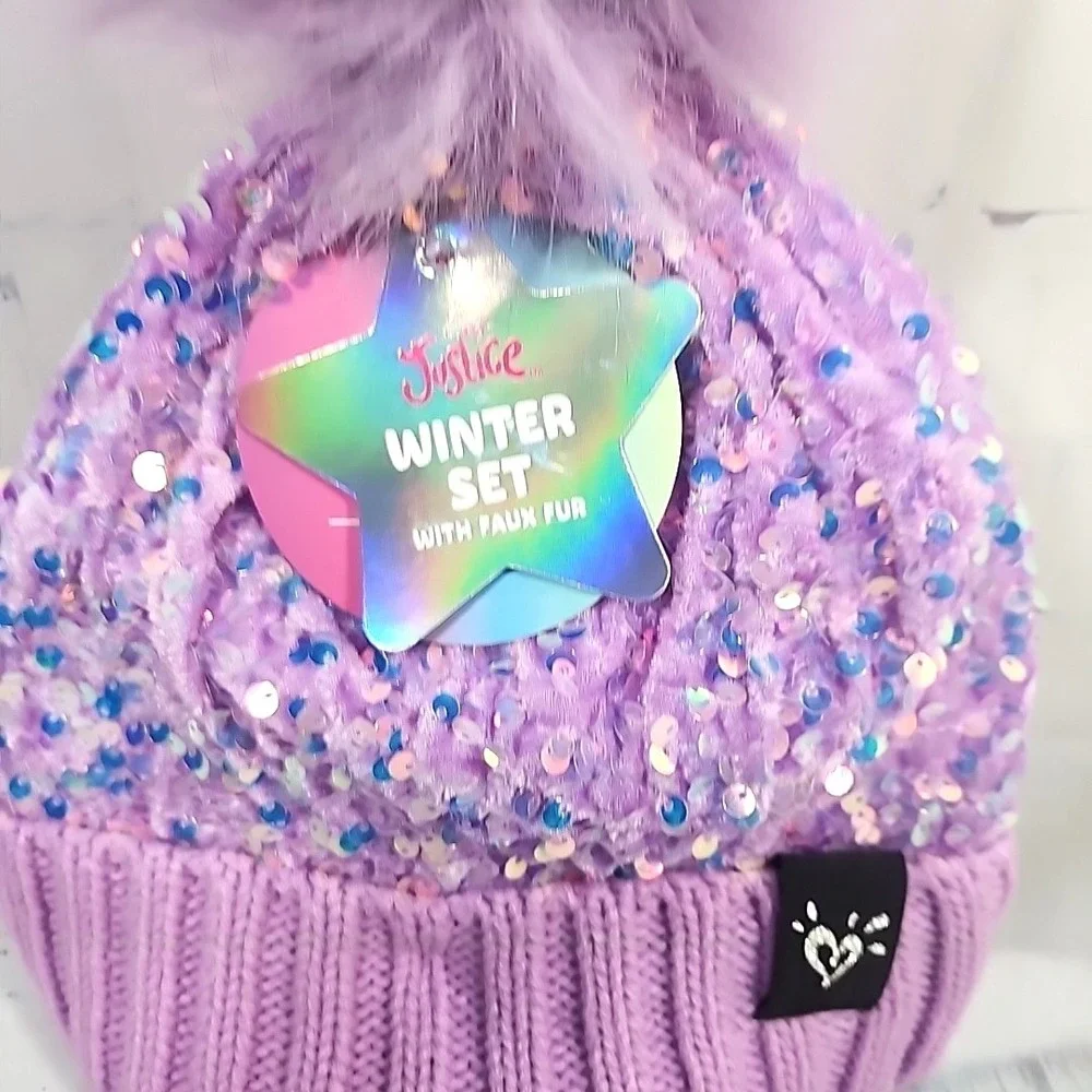 Justice Girls Purple Sequin Ribbed Beanie w/faux fur & Gloves 2-Piece Set NWT